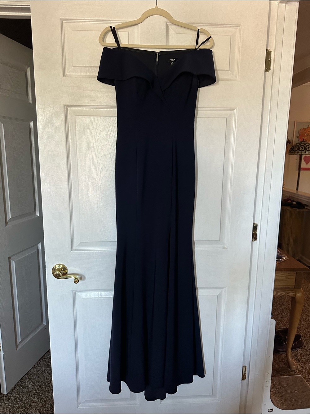 Aqua Off-Shoulder Navy Evening Gown